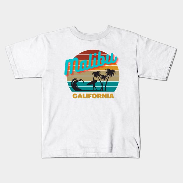 Malibu  California Retro Vintage Sunset Graphic Design Kids T-Shirt by AdrianaHolmesArt